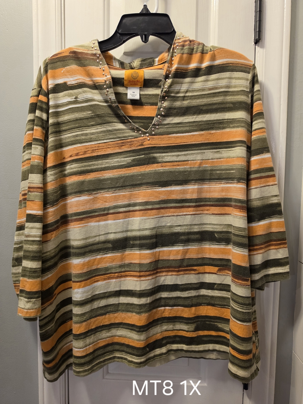 Ruby Rd. Striped Long-Sleeve V-Neck Top in Olive, Orange & Cream